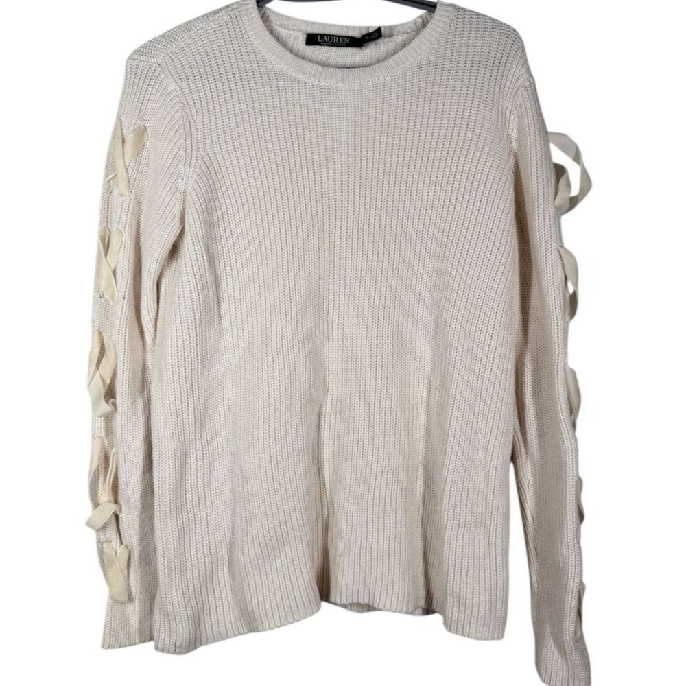 Lauren Ralph Lauren Womens White Sweater Sz M Ribbon Sleeve Holiday Christmas